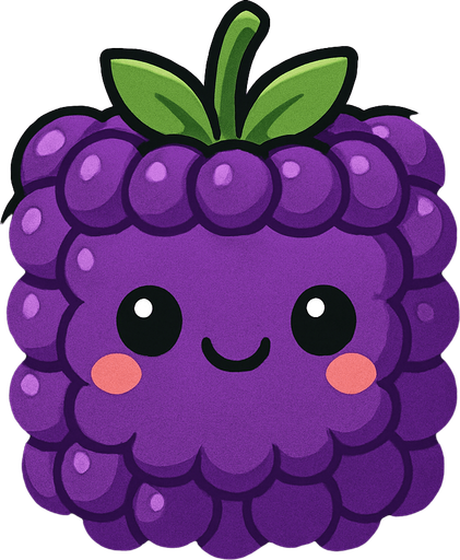 Perfectly square bright purple Blackberry with cute happyy face. Cartoon style. Cute art style. Simple vector style.