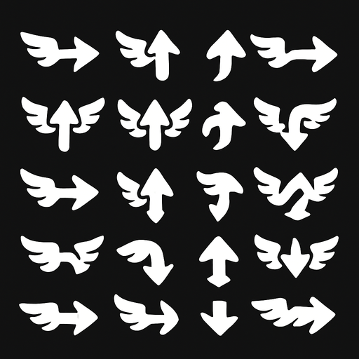 Spreite sheets of simple white arrows with wings.
In-Game asset.  2d.  High contrast.  No shadows