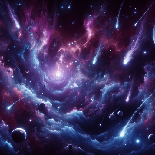 A looping animated GIF of a cosmic scene in deep space, showcasing a vibrant blue and purple galaxy with stars, planets, and comets. The background has swirling nebulae with bright, glowing areas, giving a mystical and expansive feel. Comets move across the scene, leaving trails as they pass, adding a dynamic element to the vast, star-studded universe. The GIF format captures the continuous, endless motion of the comets and stars, evoking a sense of wonder and infinity..
Single Game Texture. In-Game asset. 2d. Blank background. High contrast. No shadows.