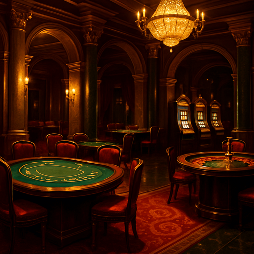 Ambiente: Un interior de casino elegante y nocturno.

Elementos:

Podría mostrar una vista parcial de mesas de juego (Blackjack, ruleta, tragamonedas) en el fondo, desenfocadas para no distraer.

Luces ambientales cálidas y doradas, reflejos sutiles.

Detalles arquitectónicos de lujo: columnas, arcos, lámparas de araña (parcialmente visibles).

Una alfombra lujosa o suelo brillante.

Paleta de Colores: Predominan los dorados, rojos profundos, negros elegantes y toques de verde esmeralda.

Perspectiva: Una vista amplia y acogedora, como si el jugador estuviera entrando al casino.

Sensación: Sofisticación, exclusividad, y la emoción de lo que está por venir. Debe invitar a explorar el juego.

El fondo debe ser inmersivo y coherente con la temática general del casino.
In-Game asset.  2d.  High contrast.  No shadows