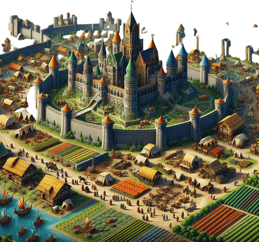 "A grand medieval-fantasy empire in a semi-realistic art style, featuring a thriving kingdom with towering castles, bustling trade markets, and well-planned roads connecting different towns. The scene includes farmers tending fields, merchants with carts full of goods, soldiers guarding the city gates, and distant mountains on the horizon. Defensive walls protect the kingdom, while caravans move across a strategic trade route. The environment is vibrant, with lush greenery, rivers flowing through the land, and players directing resource management and expansion from a bird's-eye view.".
Single Game Texture.  In-Game asset.  2d.  Blank background.  High contrast.  No shadows
