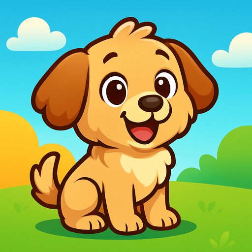 A cute cartoon-style dog character designed for a mobile game. Fluffy fur, big round eyes, floppy ears, small black nose, wagging tail, standing or sitting with a joyful and friendly expression. Light brown or beige color, simple colorful background. High-quality digital illustration, perfect for a kids game..
In-Game asset.  2d.  High contrast.  No shadows. cartoon style