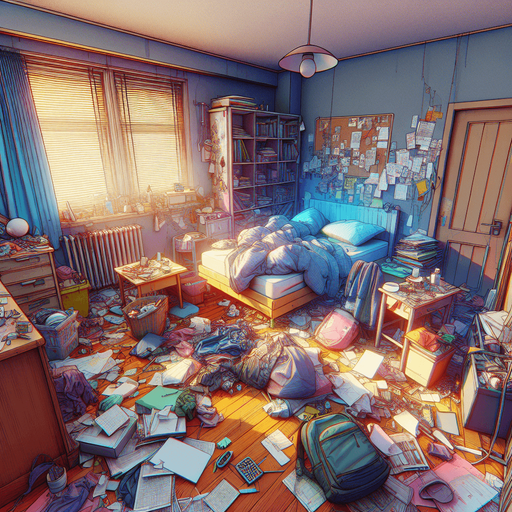 dağınık bir yatak odası, odanın içinden görünüm 3d renkli