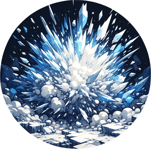 Ice explosion,rock, Light, blue & white..
Single Game Texture. In-Game asset. 2d. Blank background. High contrast. No shadows.