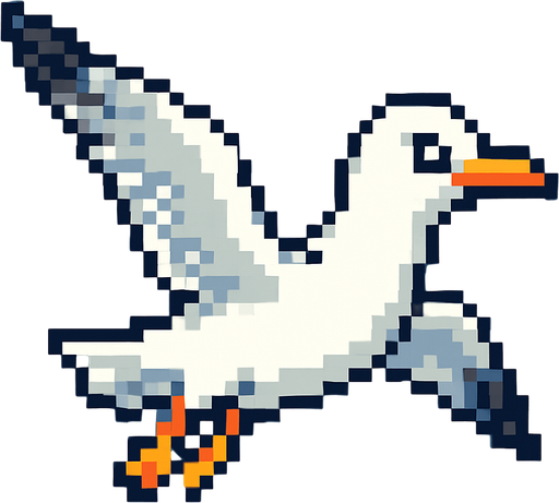 seagull looking to the right, pixelart, flying.
In-Game asset.  2d.  High contrast.  No shadows