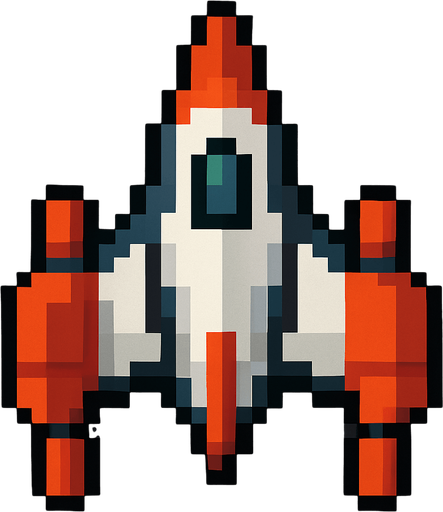 Top down 2d pixilated spaceship.
In-Game asset.  2d.  High contrast.  No shadows
