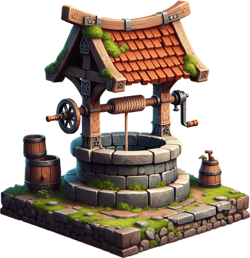 A well in a RTS fantasy style Single Game Texture. In-Game asset. 2d. Blank background. High contrast. No shadows.