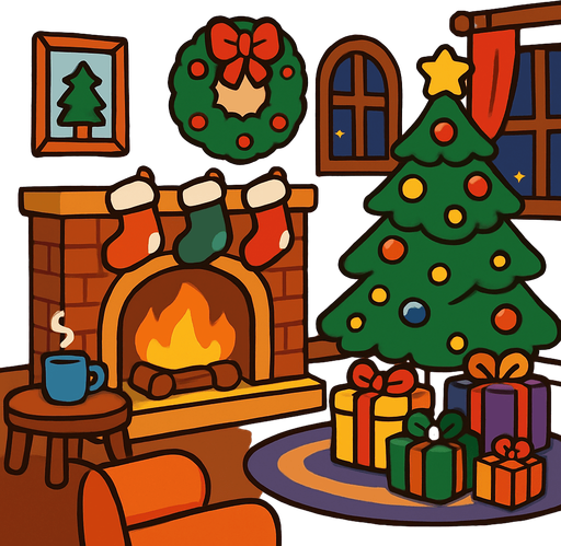 a cartoon style 3d image of a cozy christmas living room with a cozy fire in a fireplace..
In-Game asset.  2d.  High contrast.  No shadows