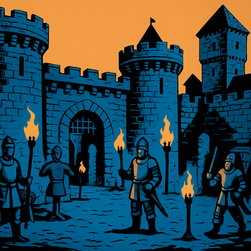 A medieval castle courtyard at dusk, guards patrolling, torches lit, training dummies and old carts, surrounded by stone walls and towers.
In-Game asset.  2d.  High contrast.  No shadows