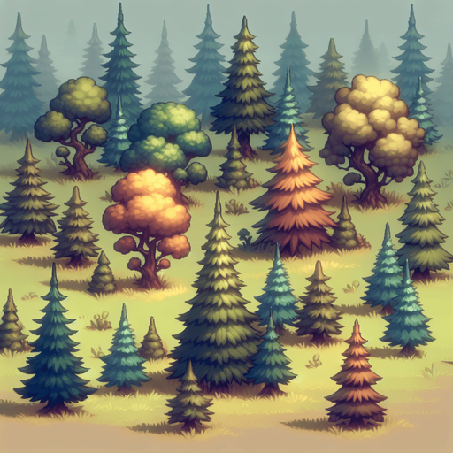 A group of stylized mid-ground trees for a vibrant 2D side-scrolling game. The trees should be clustered together, featuring a mix of pine and deciduous trees with slightly exaggerated shapes and soft shading. The colors should be rich and vibrant, blending well with a semi-realistic fantasy environment. Some trees should have glowing highlights on the edges for a magical effect. The background should be slightly blurred to create depth, with a painterly texture.".
Single Game Texture.  In-Game asset.  2d.  Blank background.  High contrast.  No shadows