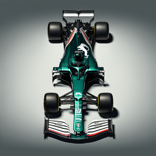 F1 Jaguair race car. Shiny green body. white Jaguar animal logo on body. thin red and white stripes. white front wings and white rear wing.  TOP VIEW!.
Single Game Texture. In-Game asset. 2d. Blank background. High contrast. No shadows.