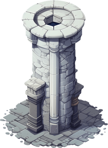 Single Short round Isometric dungeon column, simple, few stones, single column, no floor, dark room, Single Game Texture. In-Game asset. 2d. Pixelart. White background. Blank background. Low detail. High contrast.