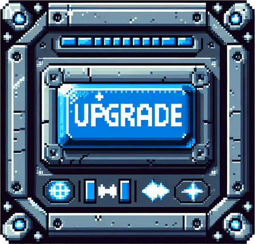 Pixelart. A blue metallic rectangular interface button from a spaceship with the lettering 'UPGRADE' on it..
Single Game Texture. In-Game asset. 2d. Blank background. High contrast. No shadows.