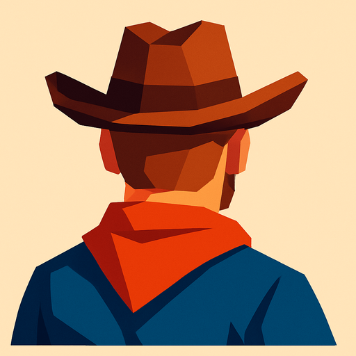 lowpoly cowboy head from behind player hero good side.
In-Game asset.  2d.  High contrast.  No shadows