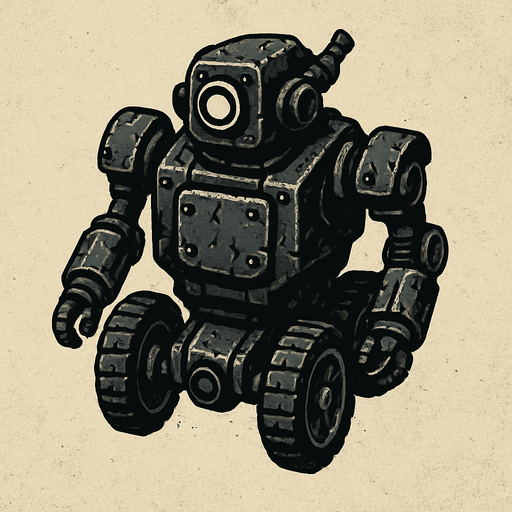 has un robot negro tipo auto steampunk con aspecto desgastado que se mueva con llantas y este en una vista desde arriba

In-Game asset.  2d.  High contrast.  No shadows