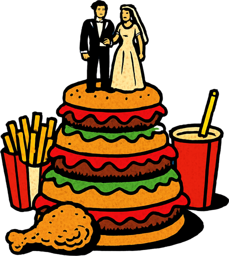 90s comic book style fast food style wedding cake.
In-Game asset.  2d.  High contrast.  No shadows