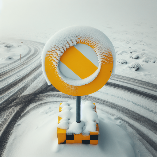 Photorealistic Yellow Checkpoint rally roadsignal covered by snow, drone view.