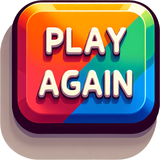 A colorful rectangular button with the text "Play Again" with each letter in a different color picked from a nice palette..
Single Game Texture. In-Game asset. 2d. Blank background. High contrast. No shadows.
