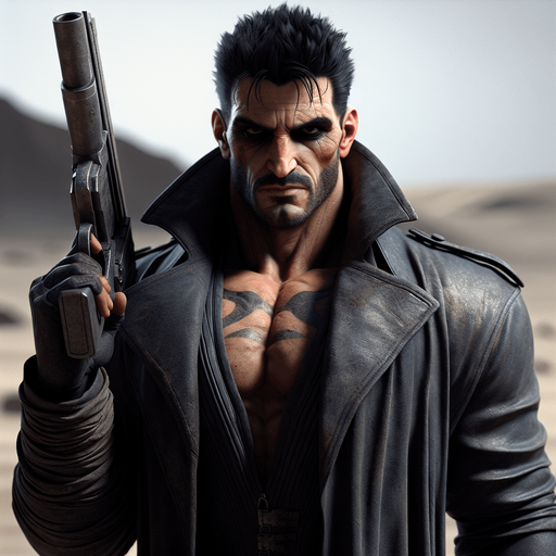 A muscular, imposing man with short spiky black hair, dark eyes, and a cold expression. He wears a long, dark trench coat and carries a large gun. His body language is strong and aggressive, with a gritty, rugged look, evoking a sense of danger. The background is desolate, with dusty windblown landscapes, reflecting the harsh environment of the anime world. The atmosphere should feel intense and full of tension, emphasizing his role as a tough, battle-hardened character.".
Single Game Texture. In-Game asset. 2d. Blank background. High contrast. No shadows.