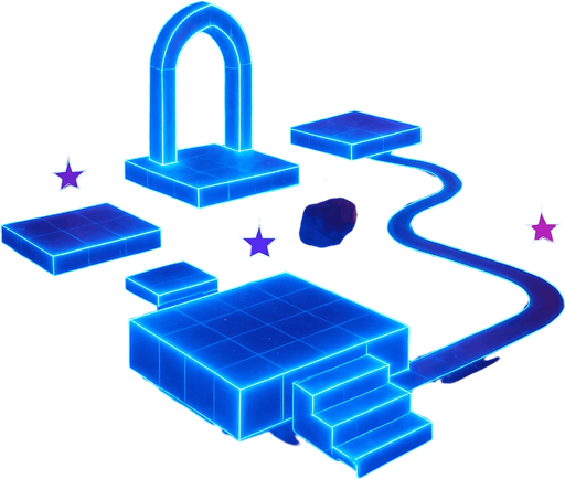 3d hologram neon cyberpunk starlight magick galaxy overlay projection asteroid starfield Platforming magical dimension pathway level obstacle layout videogame Map space layout magical mystical cosmic colorful glowing scene blackhole supernova nebula galaxies universe