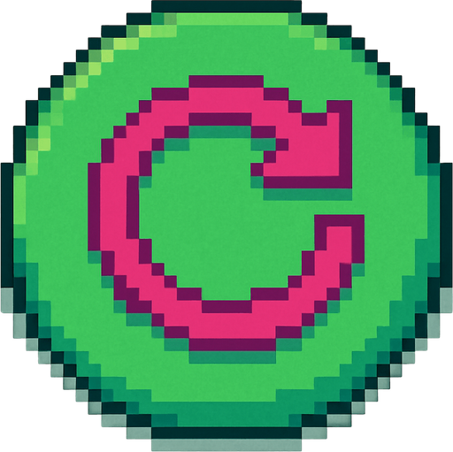 A green circular button featuring a fuchsia-colored refresh icon, designed in Pixel Art style.