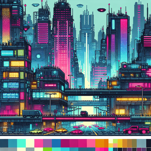 Cyberpunk landscape.
Single Game Texture.  In-Game asset.  2d.  Blank background.  High contrast.  No shadows