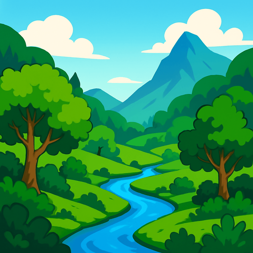 ünlü xp arkaplanı resmi gibi vadi arkapalnı ama ağçlar, çalılar ve nehir olsun 2d 2000x2200 boyutlarında.
In-Game asset.  2d.  High contrast.  No shadows