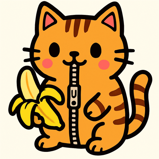 ipli fermuarı olan oyuncak kedi olduğu her yerden  belli olan elinde muz olan bir kedi.
In-Game asset.  2d.  High contrast.  No shadows