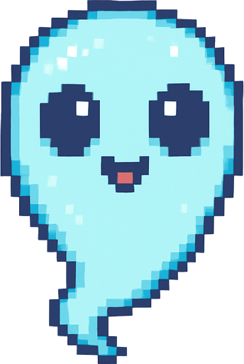 El fantasma debe tener un diseño amigable y en estilo pixel art, con cuerpo flotante de forma ovalada o en forma de gota invertida, color blanco o celeste pálido con bordes suaves y contorno oscuro para resaltar; su cara debe incluir ojos grandes y redondos con expresión simpática o curiosa, y una boca pequeña en forma de sonrisa o círculo; puede tener una animación sutil de flotación vertical, como si levitara suavemente en el aire, y opcionalmente incluir detalles como un leve brillo, transparencia o una colita ondeante en la parte inferior; el fondo debe ser transparente, y su estilo visual debe encajar en un mundo colorido y casual..
In-Game asset.  2d.  High contrast.  No shadows