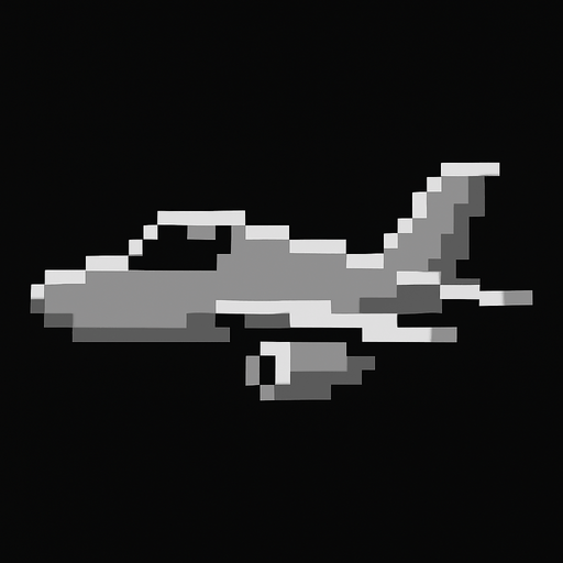Avión de color gris sin ruedas 8 bit.
In-Game asset.  2d.  High contrast.  No shadows