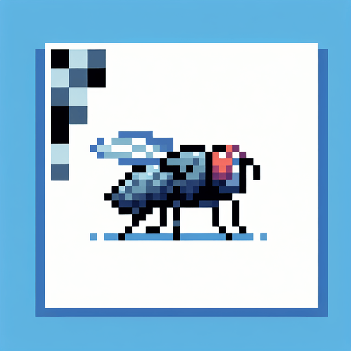 Genera una mosca mirando hacia la iziquierda en pixel art.
Single Game Texture.  In-Game asset.  2d.  Blank background.  High contrast.  No shadows