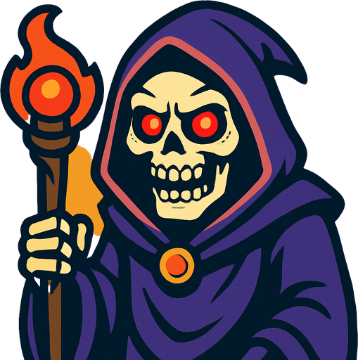 un hechizero esqueleto les mira de forma aterradora hacia adelante con ojos rojos y brillosos.
In-Game asset.  2d.  High contrast.  No shadows