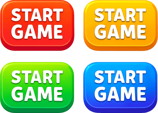 "start game" buttons. rainbow colors in each button. HD colors. 
In-Game asset.  High contrast.  No shadows. 3D