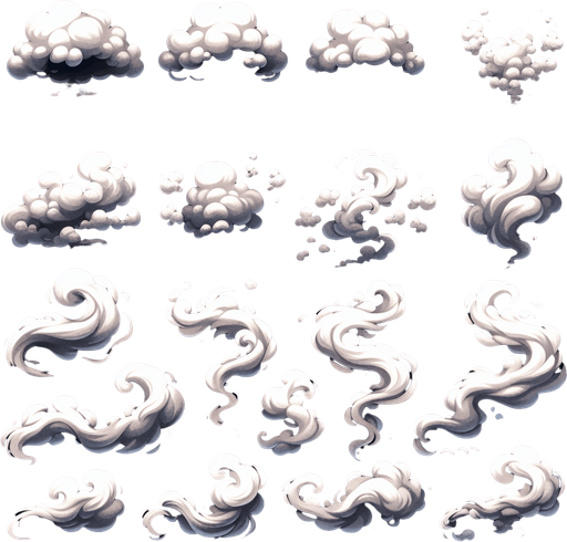 sprite sheet of smoke effect png.
Single Game Texture. In-Game asset. 2d. Blank background. High contrast. No shadows.