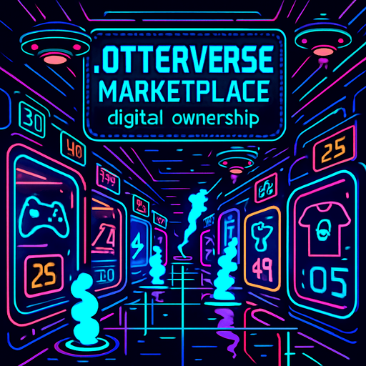 Create a cyber-bazaar corridor lined with glowing vendor pods and digital price tags flickering in neon. A large holoscreen banner reads ‘Otterverse Marketplace - digital ownership’ Include floating ad drones, steam jets from vents, and reflective floor panels—no visible characters or coins..
In-Game asset.  2d.  High contrast.  No shadows