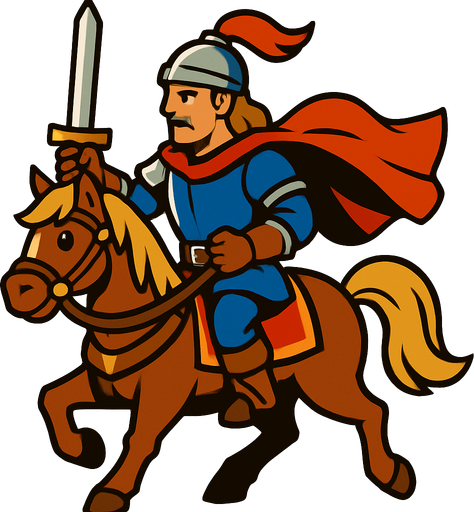 a hero man on the horse character image.
In-Game asset.  2d.  High contrast.  No shadows