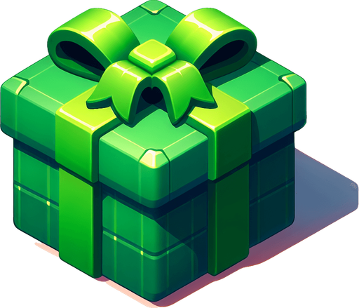 a christmas present green. plastic style. Single Game Texture. In-Game asset. 2d. Blank background. High contrast. No shadows.