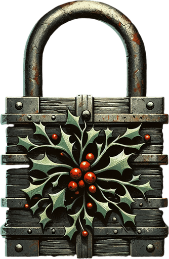 eerie christmas inspired mistletoe lock with a resident evil style.
Single Game Texture. In-Game asset. 2d. Blank background. High contrast. No shadows.
