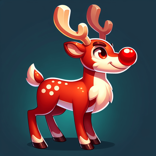 Rudolf the adult rednose Raindeer in a full side viewed position Single Game Texture. In-Game asset. 2d. Blank background. High contrast. No shadows.