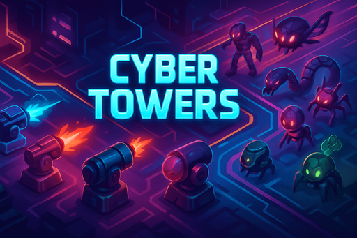 Fullscreen modern App Store landscape banner, 16:9, high definition, HD colors. for a future game of tower defense with cyberpunk and abstract style titled "Cyber Towers" without description "Defend the exit way in final path from different enemies Robots, cyborgs, cyber robot snakes, cyber spiders, flying cyber robots, by placing towers each tower have different weapon then the others, cannon, rifle, flame, rocket, gum bomb, toxin bomb. don't let them pass through the path!". with text on the middle of the banner "Cyber Towers"!