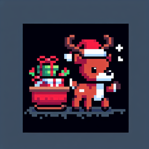 8 bit. raindeer bringing x-mas pressents. in game asset. Single Game Texture. In-Game asset. 2d. Blank background. High contrast. No shadows.