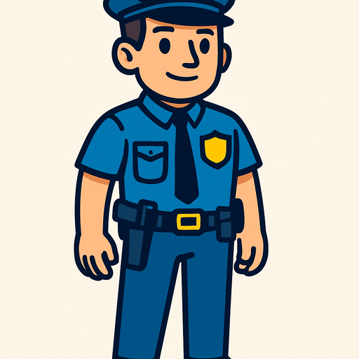 mavi polis giysili, cebinde silah olan tüm vücudu görünen bir polis.
In-Game asset.  2d.  High contrast.  No shadows