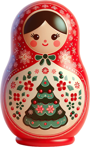 One Christmas Matryoshka Doll. Plastic style Single Game Texture. In-Game asset. 2d. Blank background. High contrast. No shadows.