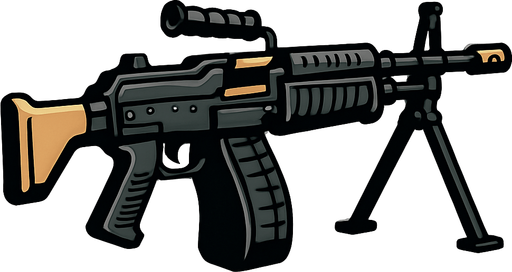 machine gun.
In-Game asset.  2d.  High contrast.  No shadows