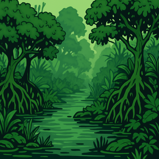 A swampy background with mangrove trees and overall overgrown but lush aesthetics.
In-Game asset.  2d.  High contrast.  No shadows
