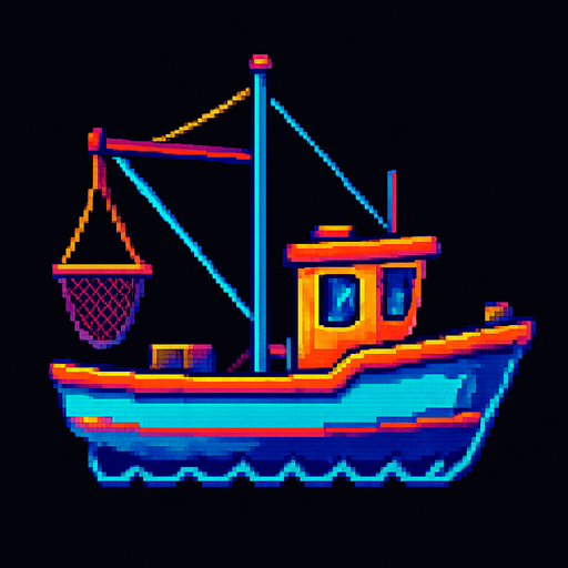 A small fishing boat. Full side profile view. 80s arcade machine graphics. no background