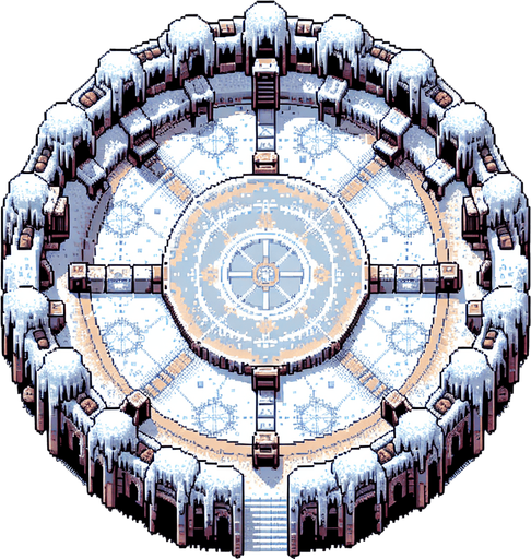frost circle arena. seen from above. Single Game Texture. In-Game asset. 2d. Blank background. High contrast. No shadows. pixelated. 8 bit