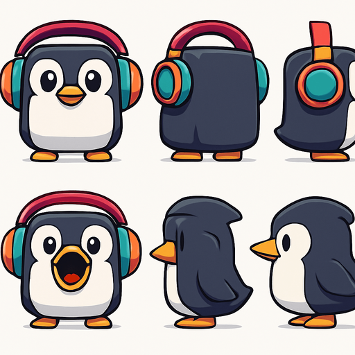 Create a character sprite sheet for a 2D mobile game. The subject is a cubical cute, chubby penguin character with large, expressive eyes, wearing oversized, colorful headphones. The art style should be clean vector art with bold outlines and simple, vibrant cel shading. The sheet must be on a plain white background with each sprite clearly separated. Include the following 6 full-body sprites in an orthographic, non-perspective view:
Idle stance, facing front.
Idle stance, facing back.
Idle stance, left side view. Idle stance, right side view.
Mouth wide open (as if eating), facing front.
Mouth wide open, left side view.