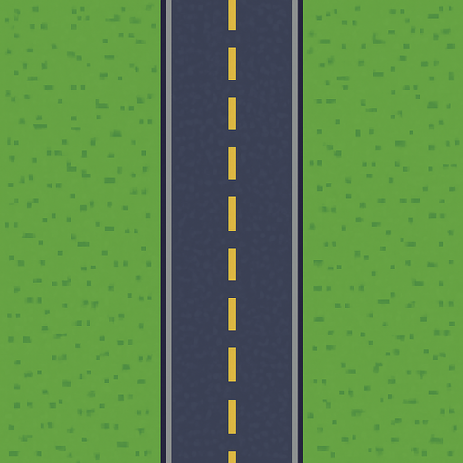 road with yellow lines 
Let there be a large land area on both sides of the road but pixel art style

. Bacground is green. No shadows. 2d. In-Game asset. flat