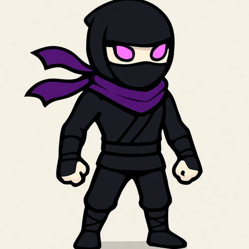 A ninja wearing tight black clothes, purple scarf, masked face, white skin, glowing purple eyes, slim and agile body, simple background, front-facing character with no background, standing pose, 2D game character.
In-Game asset.  2d.  High contrast.  No shadows